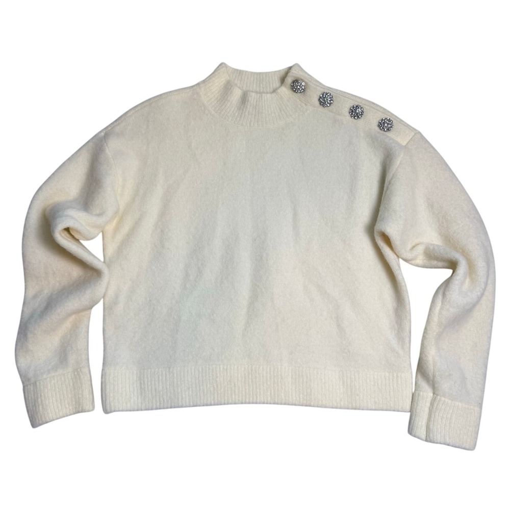 Ann Taylor Women Mock Neck Sweater Size XSP Cream Jeweled Button 3% Wool‎